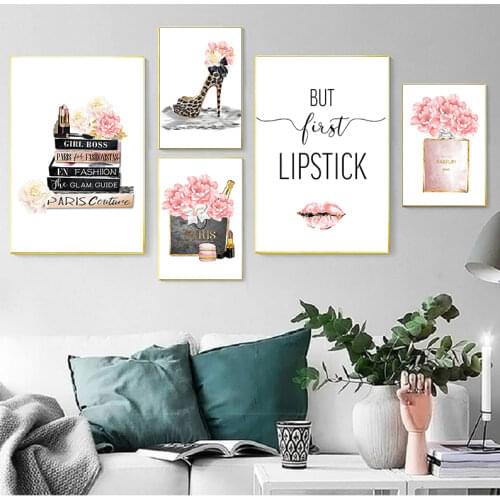 Makeup Fashion Poster Print Perfume Bag Leopard Shoes Canvas Painting Trendy Artwork Picture Beauty Salon Girls Room Decoration