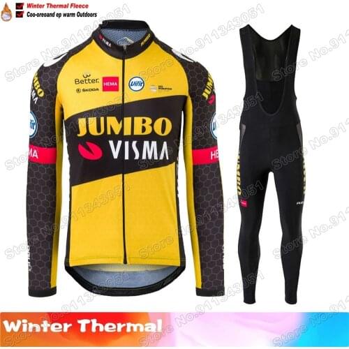 Winter Jumbo Visma Team 2021 Cycling Jersey Set Fleece Mens Cycling Clothing Long Sleeve MTB Bike Road Pants Bib Maillot Culotte