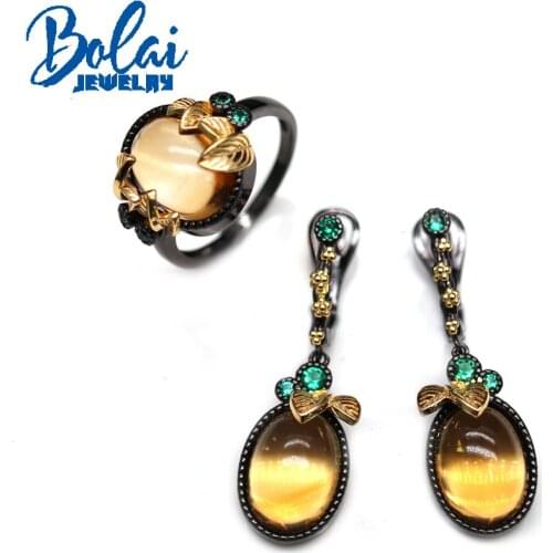 2021 New 925 Sterling silver Natural citrine oval 10*14mm Ring earrings jewelry set designed for women retro elegant jewelry