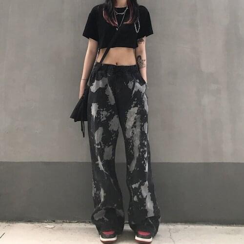 2021 New Womens Jeans Fashion Tie-dyed Y2K Streetwear High Waist Wide Leg Pants Boyfriend Baggy Harajuku Straight Denim Trouser