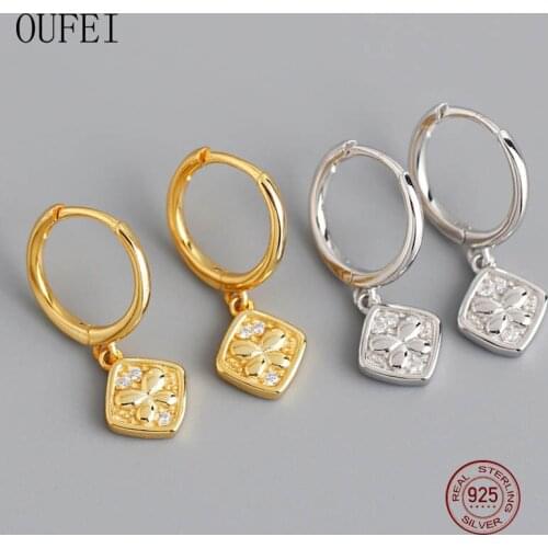 OUFEOI 925 Sterling Silver Drop Earrings For Women Fashion Square Rhinestones Earrings Silver Jewelry Earrings EH1104