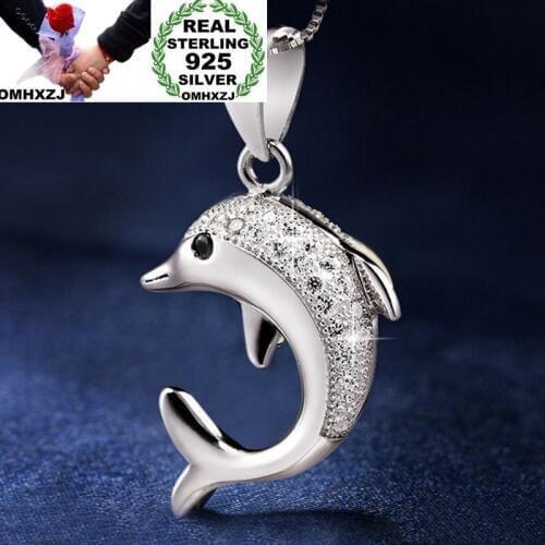 OMHXZJ Wholesale European Fashion Woman Girl Party Gift White Dolphin Zircon S925 Sterling Silver Necklace Pendant Charm CA129