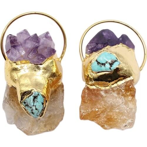 APDGG 1PC Natural Purple Amethyst Citrine Turquoise Point Raw Rough Druzy Quartz Gold Plated Charms For Necklace Pendant