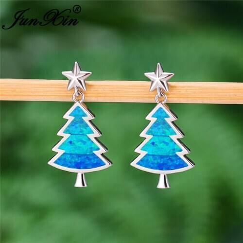 Christmas Tree Stud Earrings For Women Men White Gold Rose Gold Color Blue Fire Opal Earrings Wedding Cute Star Earring Jewelry