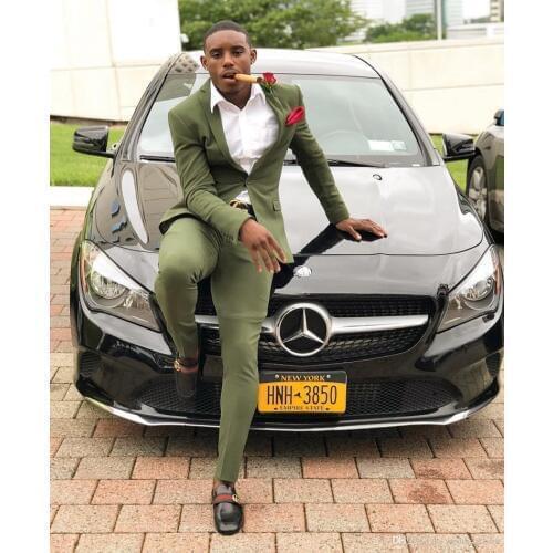 Hot Recommend Two Buttons Olive Green Groom Tuxedos Groomsmen Notch Lapel Mens Suits Blazers (Jacket+Pants+Tie) W:878