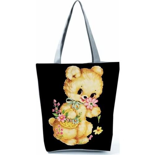 Bear Floral Printed Handbag Cute Fashion High Capacity Foldable Outdoor Beach Shoulder Bag Reusable Shopping Bag Custom Pattern