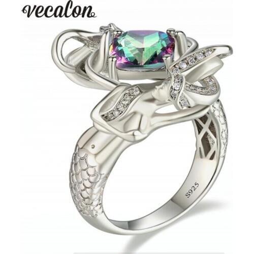Vecalon Dropshipping 9 colors Birthstone Mermaid ring 5A zircon Crystal 925 Sterling silver Filled wedding rings for women men