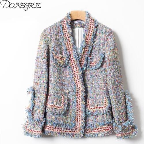 2020 Autumn Tweed Jacket Women V-neck Tweed Coat Pearl Buttons Slim Elegant Women Tweed Jackets Casaco Feminine Top