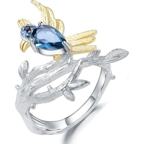 MENGYI 925925 Jewelry Charm Fashion Birds Branch Two Color Ring Inlaid Blue Zircon Irregular Engagement Ring Women Kpop Bague