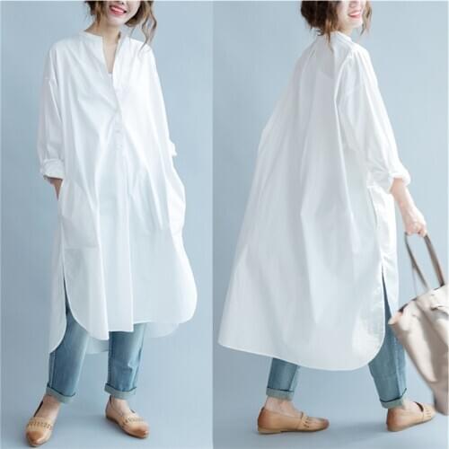 White Cotton Shirt Dress Plus Size Long Summer Women Long Sleeve Chiffon Shirt Dresses Female Vintage Korean Mid-length vestidos