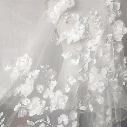 Large 3D Satin Flowers Pearl Beaded Embroidered Lace Fabric for wedding Dress, bridal clutch, Couture gowns, dance Prom