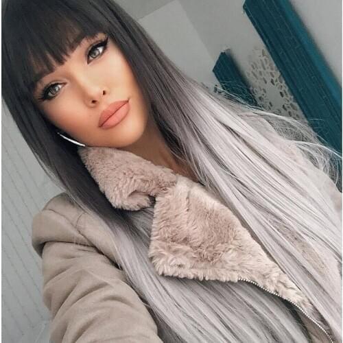DAIHE Long Straight Wig Natural Black Gray Color Gradient with Neat Bangs Heat Resistant Synthetic Wigs for Women +Free Wig Cup