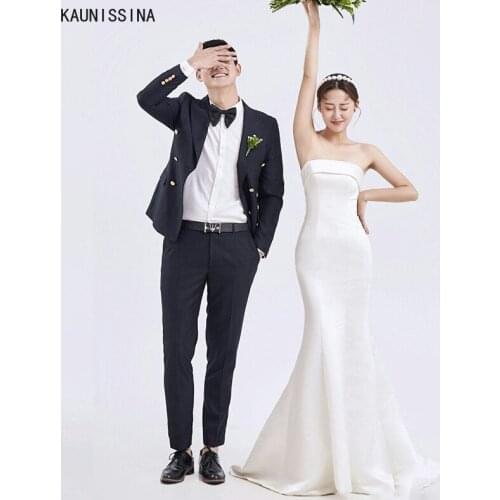 KAUNISSINA Elegant Wedding Dresses for Bride Vestidos Strapless Off-Shoulder White Satin Mermaid Sweep Train Long Bridal Gowns