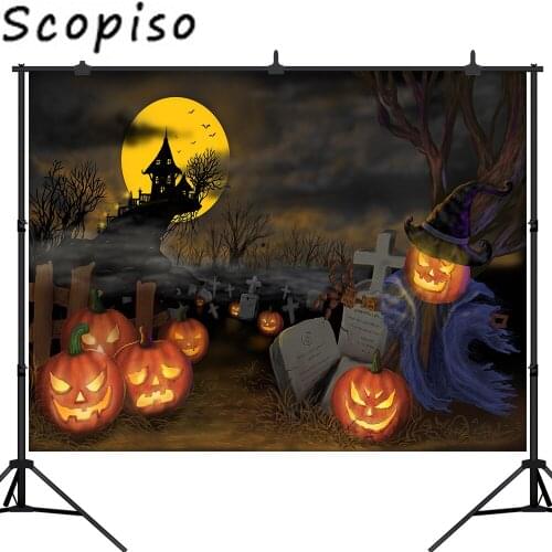 Scopiso Halloween Backdrop Ghastly Cemetery Night Castle Pumpkin Photography Background Trick or Treat Party Portrait Shoot Prop