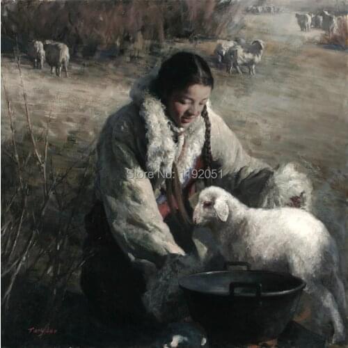 Chinese impression young sheepherder countryside girl with sheep modern art canvas prints portrait figurative art posters