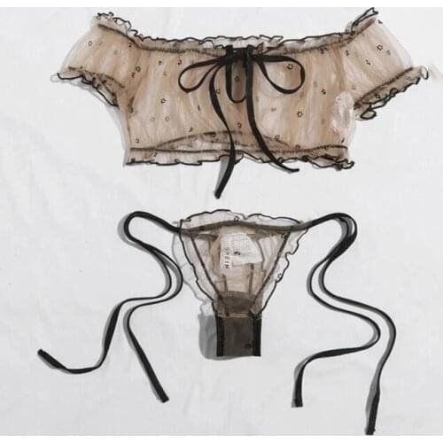Cute Off Shoulder Lingerie Set Bra Thong for Women Sexy Bralette+Thong Swimsuits Erotic Lingerie Underwear Set