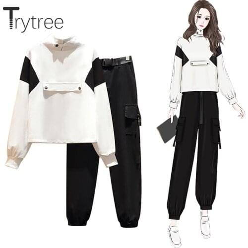 Trytree Autumn Winter Casual two piece Women Sets Stand Collar Loose Top + Cargo Pants Elastic Waist Belt Streetwear 2 Piece Set