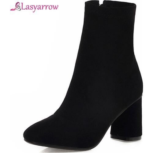 Lasyarrow Chelsea Boots Flock High Heel Women Boots Red Ankle Boots For Women Square Toe Winter Shoes Women Platform Shoes J1071
