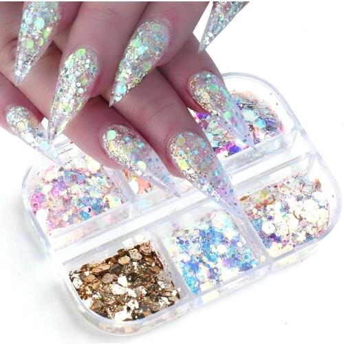 6 Grids/box Laser AB color Nail Sequins Mixed Color Sparkle Nail Glitter Flakes 3D Nail Art Decorations Accessories