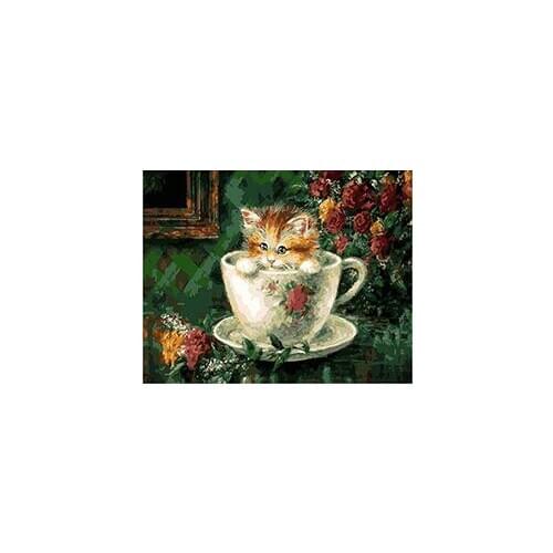 Cioioil-T028 Kitten in a bowl in the garden Set for painting by numbers on canvas with acrylic paints for living room wall decor