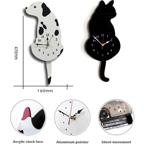 Cute Wagging Tail Cat Dog Design Wall Clock Kids Bedroom Wall Decoration Unique Gift Creative Cartoon Mute DIY Wall Clocks