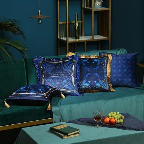 New Luxury Blue Velvet Sofa Chair Cushion Cover American Style Pillow Cover with Tassel Retro Throw Pillow Case Home Decorative