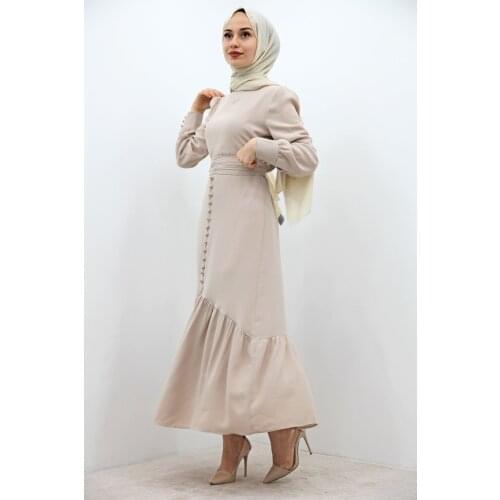 New Season Muslim Women Button Detailed Belted Dress Hijab Dress Blue And Green Abaya Kaftan Hijab Long Dubai Africa