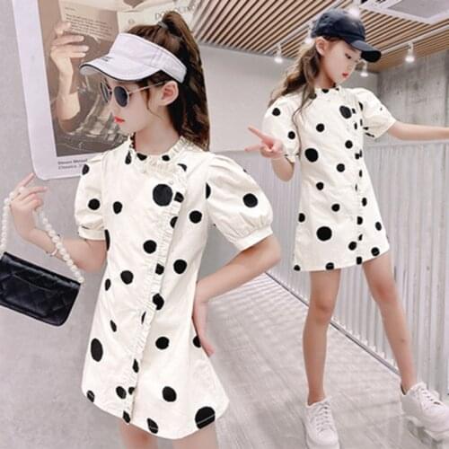 Korean 13 14 Year Childrens Clothes Retro Polka Dot Cheongsam Dress 2021 Summer New High-quality Mini Princess Party Dresses