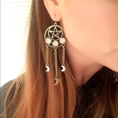 Silver Plated Witchy Pentagram Moon Dangle Earrings,gift for Wicca Lover