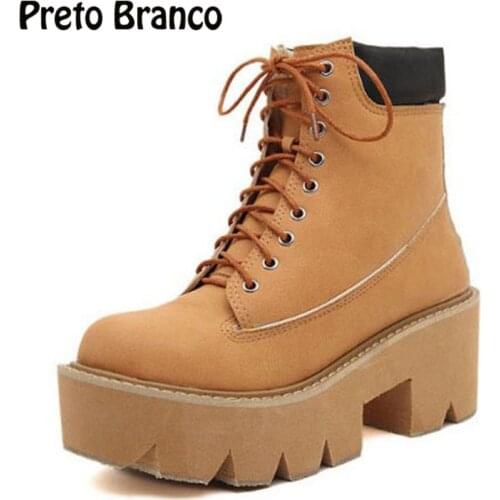 PRETO BRANCO Womens Shoes Ankle Boots Wedges Ankle Boots Square Heels Sliver Lace-up Boots platform Winter Warm Boot JXQ-2618