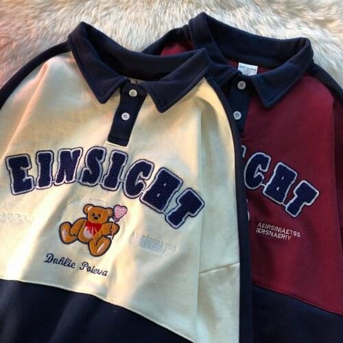 Ins Beige Red Vintage Cute Bear Embroidery POLO Shirt Sweatshirt Kawaii Clothes Long Sleeve Tops Streetwear Korean Fashion Teens