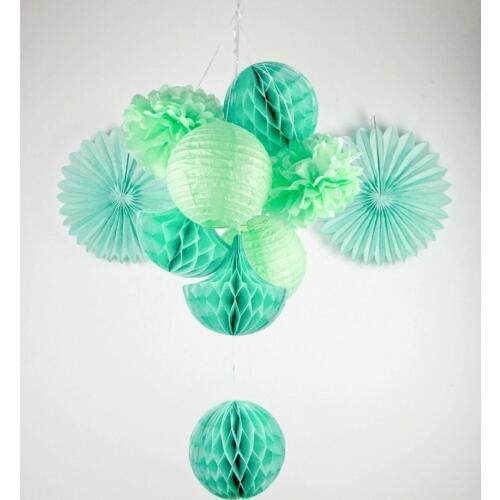 Mint Shade 10pc Party Decoration Set Tissue balls/Tissue Fans/Tissue Pom Poms/ Lanterns/ Honeycomb Drop Decor Weddings Showers