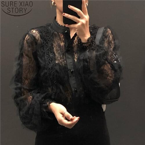 Vintage Lace Blouses Stand Collar Tops See Through Shirt Women Blouse Korean Clothing Pearl Buckle Loose Long Sleeve Shirt 13339