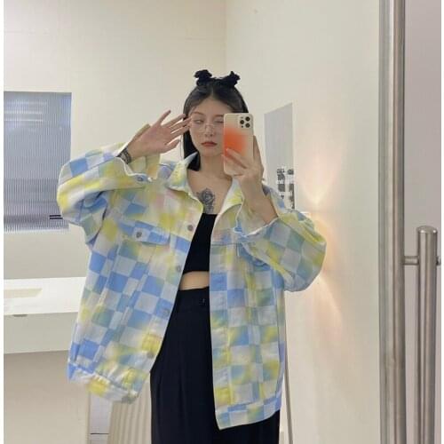 2021 Autumn New Womens Casual Loose Wild Denim Jacket Commuter Harajuku Personalized Color Plaid Straight Long Sleeve Jacket