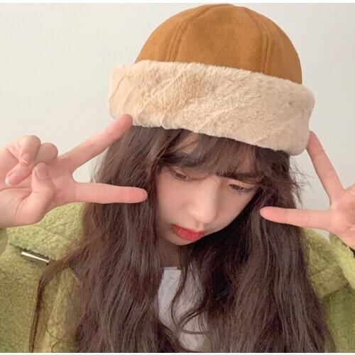 Women Winter Warm Suede Velvet Beanie Hat Solid Color Thicken Plush Cuffed Brimless Hip Hop Landlord Docker Skull Cap Streetwear