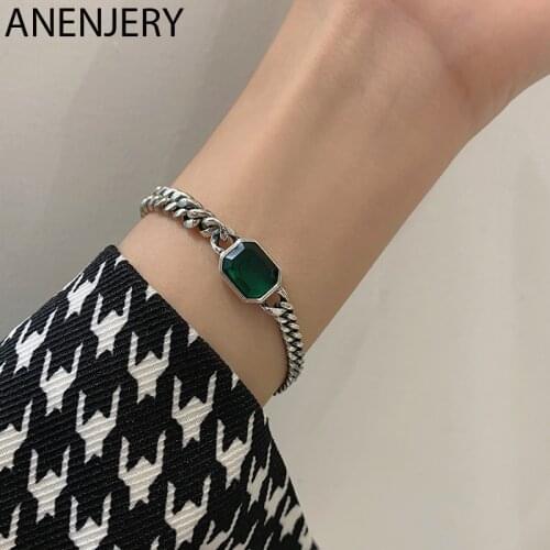 ANENJERY 925 Sterling Silver Geometric Green Bracelet for Women Men Vintage ZIrcon Bracelet Jewelry S-B490