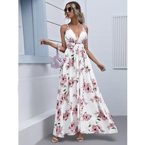 White Chiffon Dresses For Women Sleeveless Sexy Backless Sling Long Sundress Floral Print Maxi Pleated Vestidos Elegant 2021