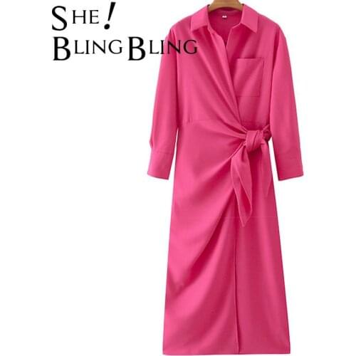 SheBlingBling Za Woman 2021 Summer Hot Shirt Dresses Long Sleeve Pocket Wrap Tie Side High Waist Woman Casual Female Maxi Dress