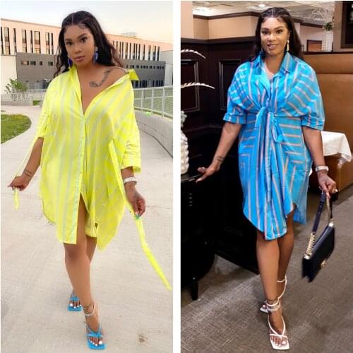 A8625 European and American womens 2021 new summer fashion striped print sexy shirt long skirt tie dress