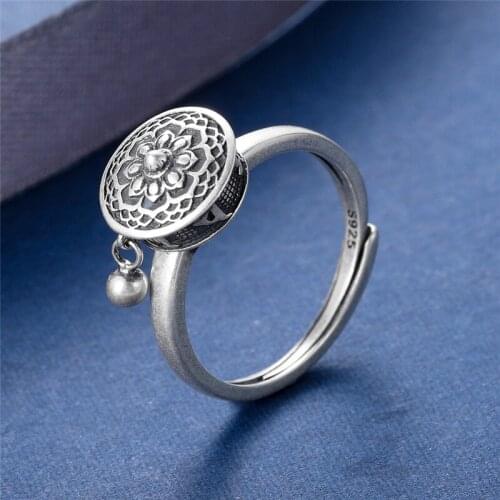 100% 925 Silver Buddhist Ring for Women Tibetan Prayer Wheel Ring OM Mantra Ring Good Luck Women Ring