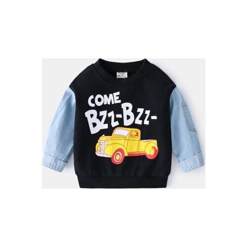 2021 Spring Boys Stitching Sweatshirt Baby Boys O-neck Trendy Fashion Top Tees Cute Cartoon Pattern Black Pullovers Sweatshirt