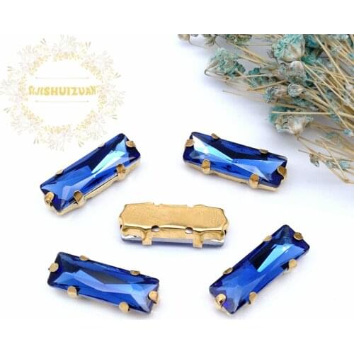 5*10 5*15 Sapphire blue Rectangle Glass Crystal sew on rhinestones with gold claw Diy wedding dress accessories Free shipping