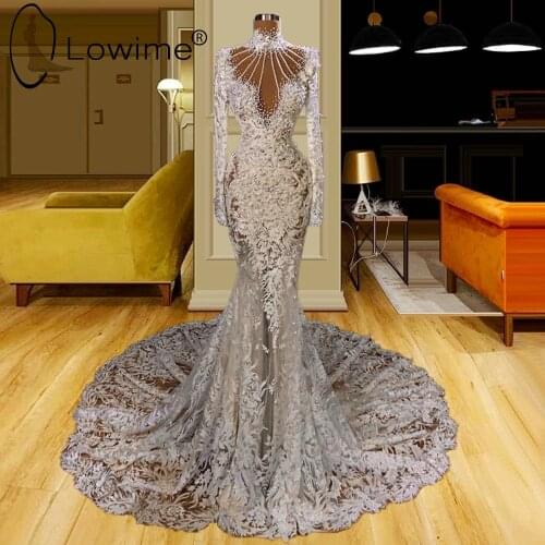 Dubai Illusion Ivory High Neck Mermaid Wedding Dresses Muslim Long Sleeve Pearls Bridal Gowns Lace Vestidos De Novias