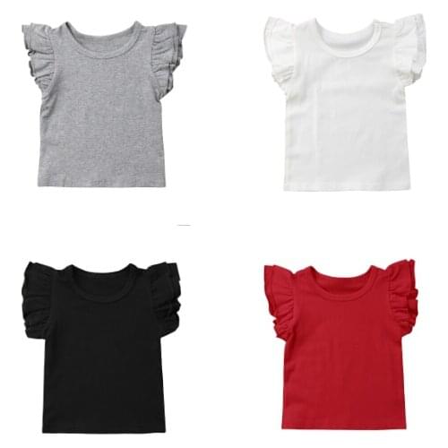 Infant Baby Girl Pure Color Cotton Fly Sleeves Tops Ruffles Outfits Sunsuit T-Shirts Clothes