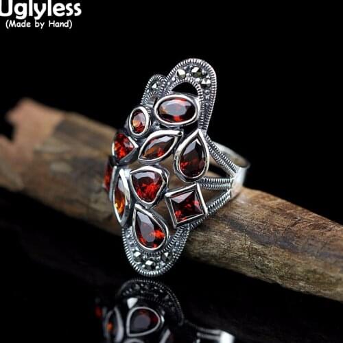 Uglyless Personalized Irregular Garnet Dress Rings for Women Exaggerated Wide Open Fashion Rings Real 925 Silver Vogue Jewelry