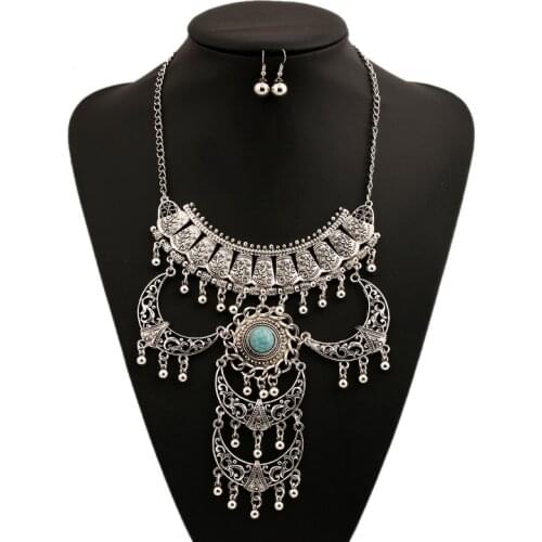 LZHLQ Statement Bohemia Blue Stone Necklaces Vintage Hollow Maxi Jewelry 2020 Trendy Bead Pendant Carving Women Plated Necklace