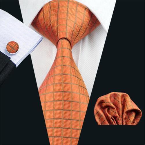 FA-464 Mens Tie Orange Plaid Silk Jacquard Classic Tie Hanky Cufflinks Set Ties For Men Business Wedding Party Free Shipping
