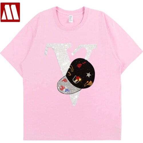 European Style New Arrival Summer Women Short Sleeve T shirts Hot Drilling V Shape Young Female Nightclub T-shirt Sparkling Tees