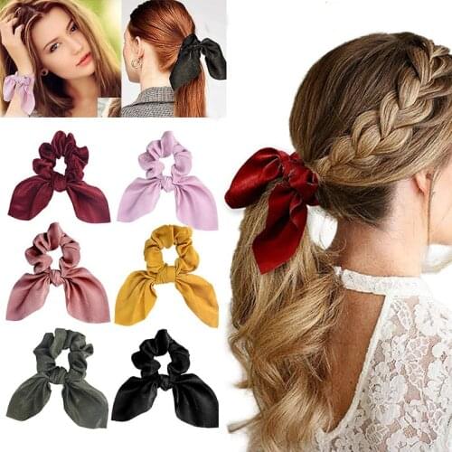 Solid Color Women Bowknots Elastic HairBands Shape Scrunchie Silk Fabric Ponytail Holder Hair Accessories Girls Hair Rope