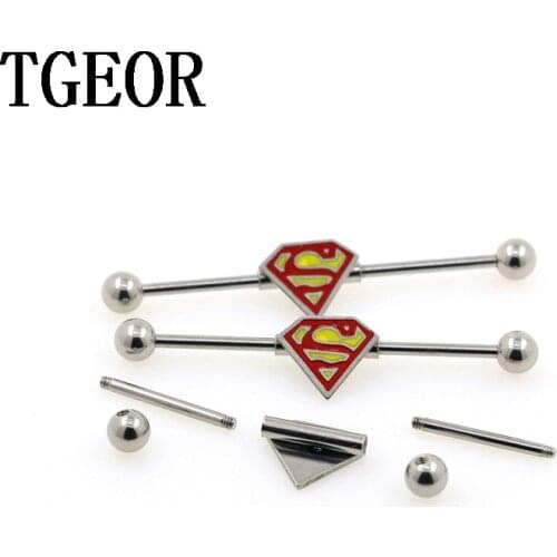 1 pair surgical Stainless Steel supper man laser cut industrial barbell piercing Hot sale